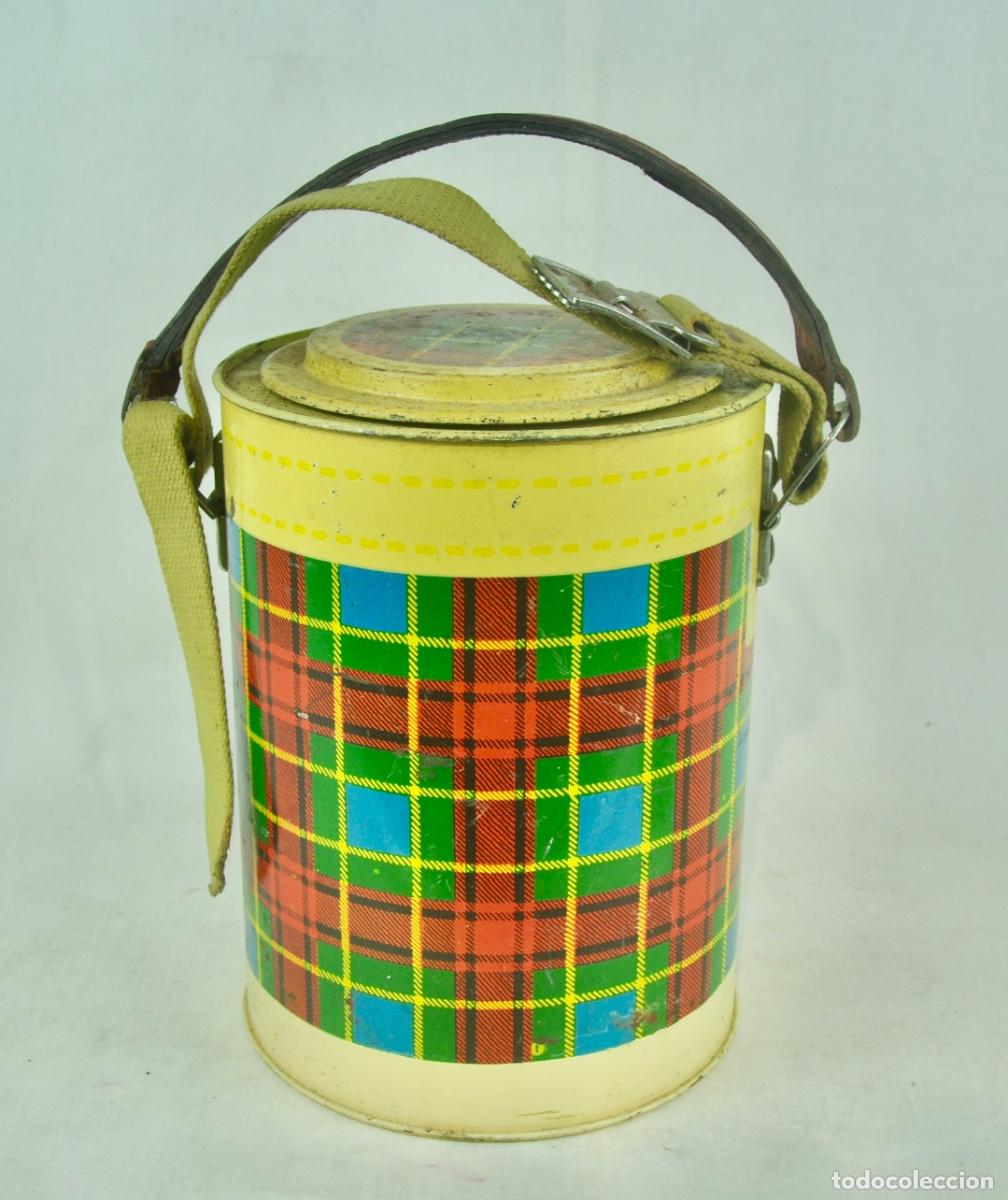 Vintage: Termo para comida con asa piel roja para transporte