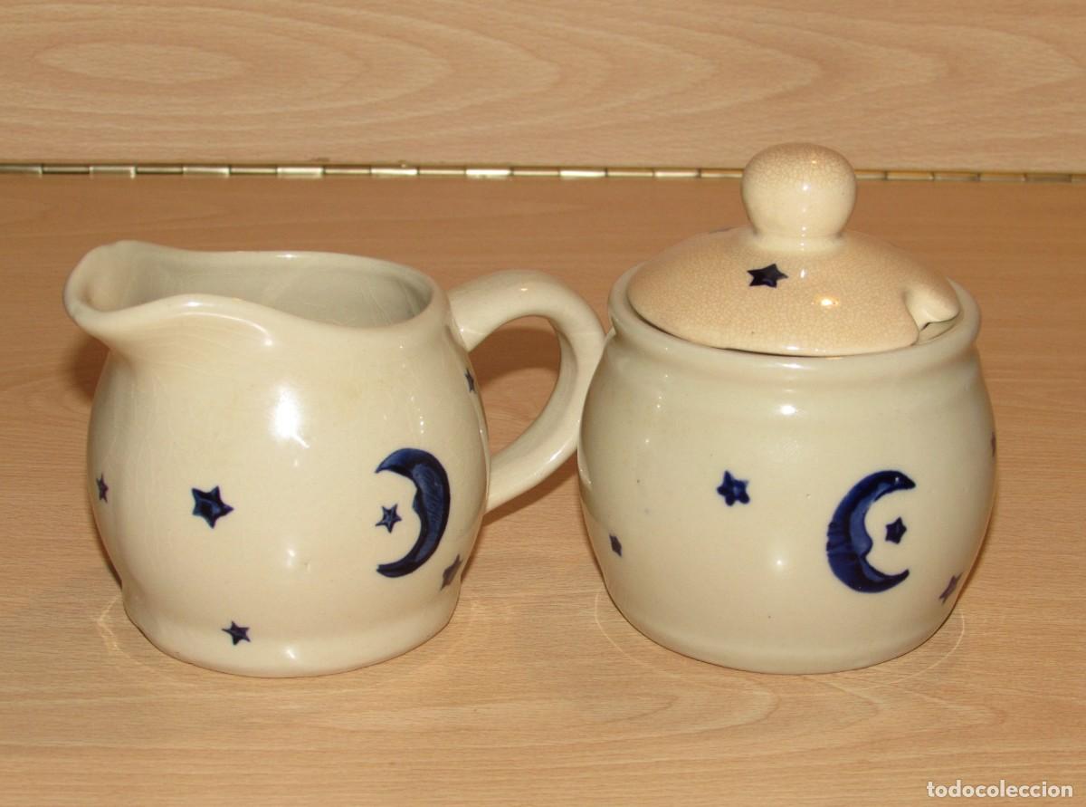Vintage: Set conjunto lechera y azucarero cer&aacute;mica artesanal lunas y estrellas sello China decorado a mano