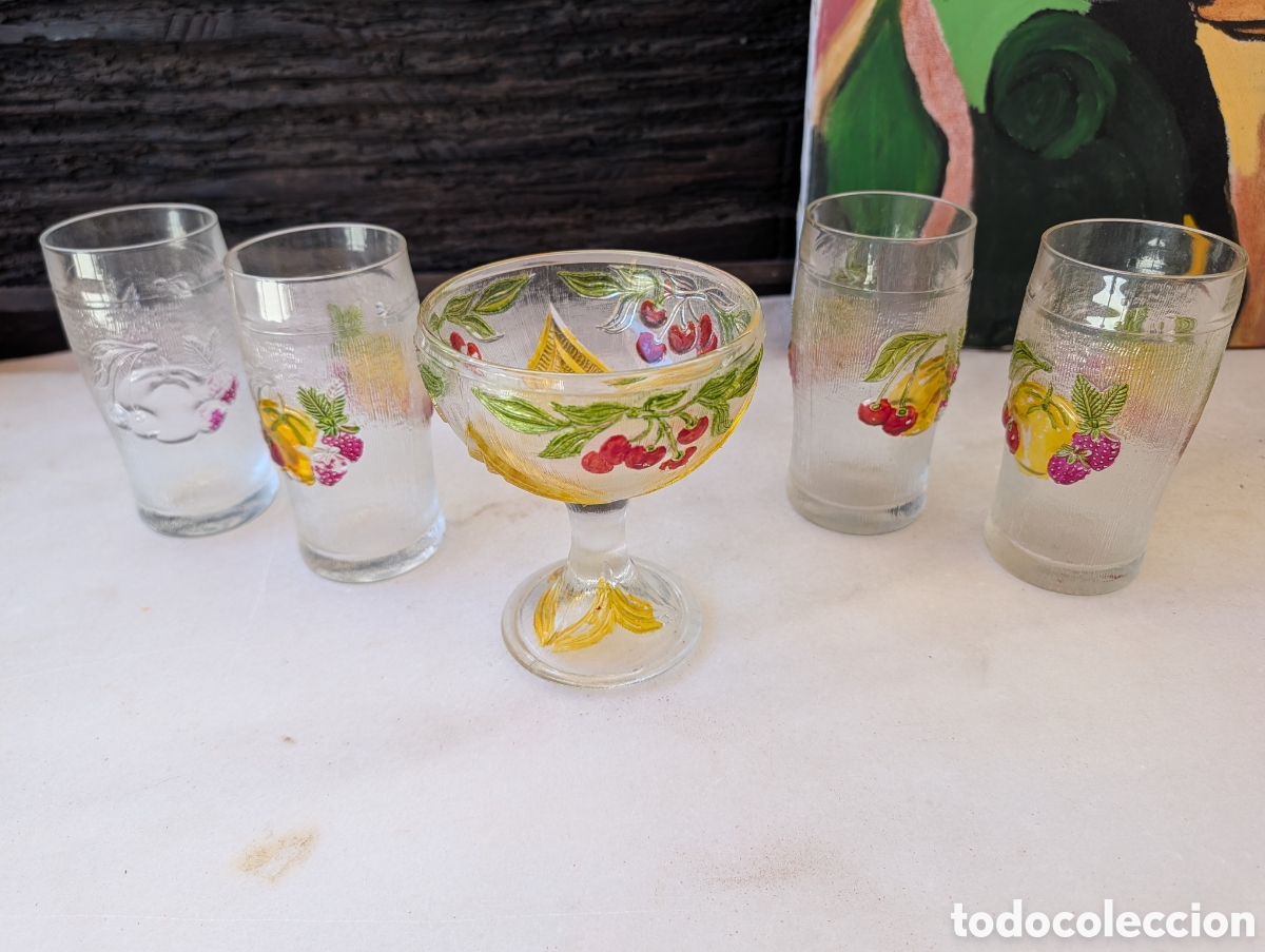 Vintage: Lote de cristaler&iacute;a vintage juego de 4 vasos frutales y copa de helado macedonia vidrio pintado a ma