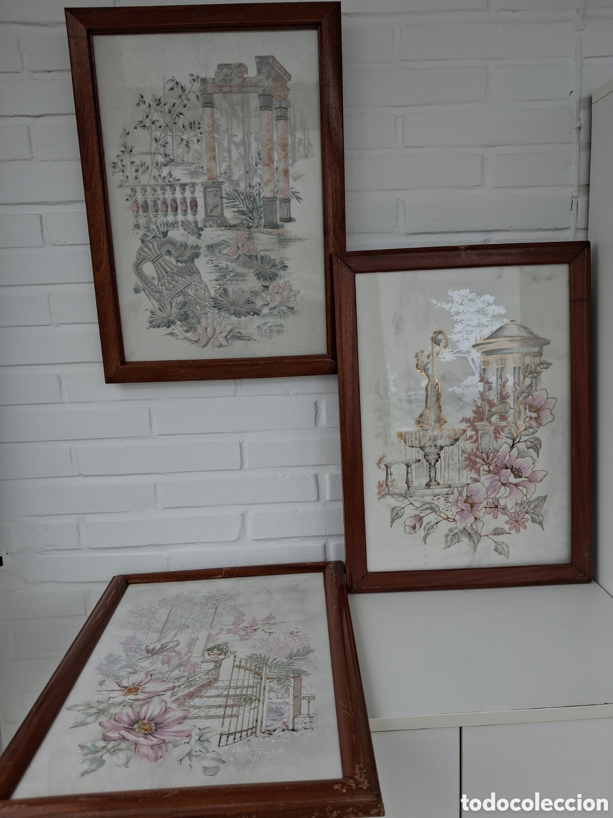 Vintage: 3 cuadros de azulejo cer&aacute;mico esmaltado .