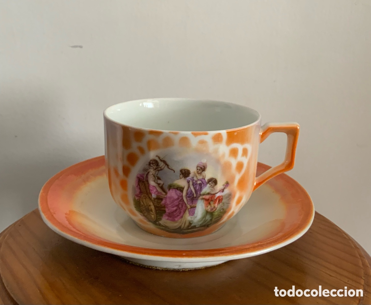 Vintage: ANTIGUA TAZA Y PLATO PORCELANA NACARADA REFLEJOS