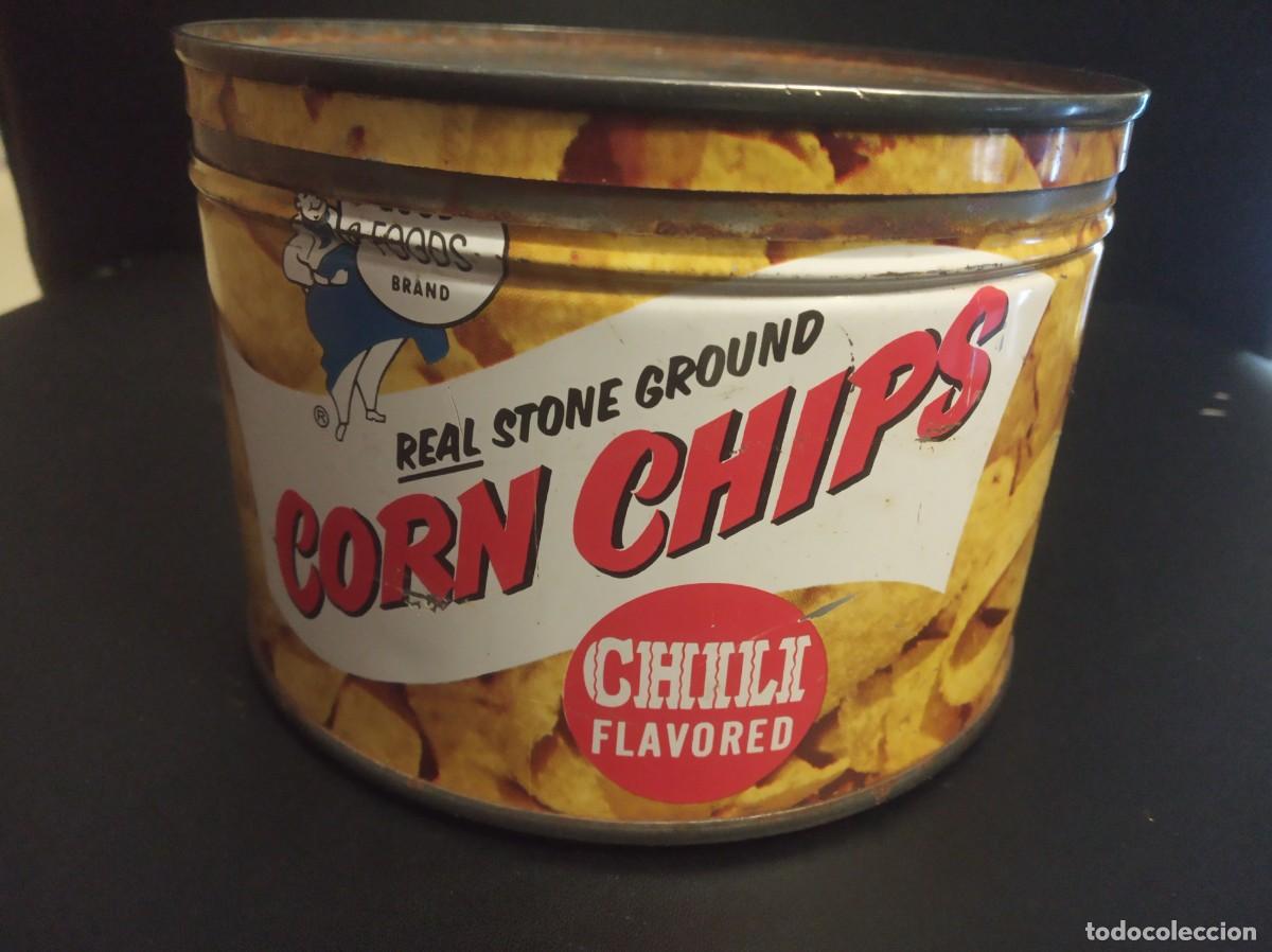 Vintage: Lata vintage americana Corn Chips Chili Flavored Good Foods California a&ntilde;os 60-70