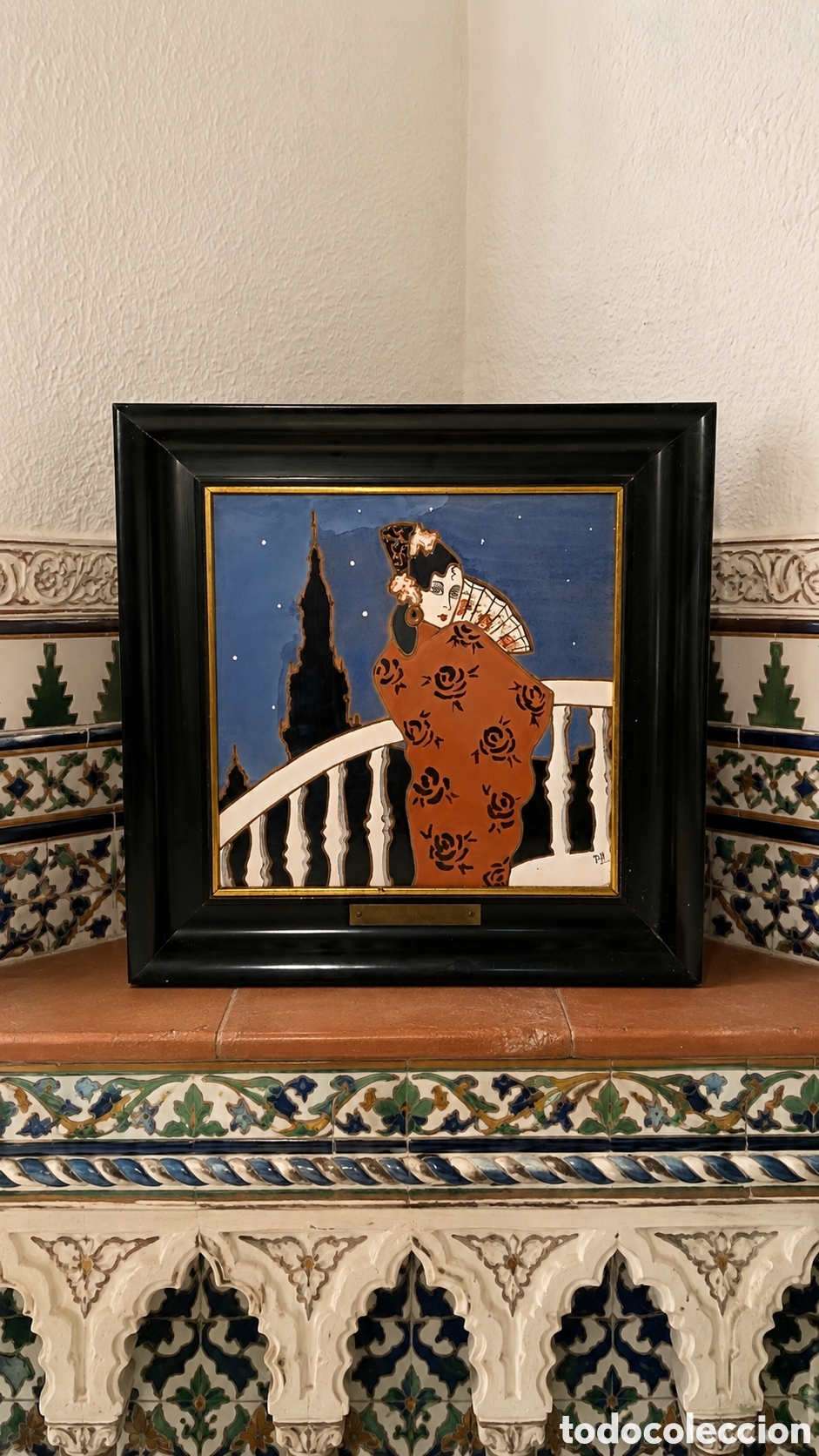 Vintage: Azulejo Cer&aacute;mico Flamenca Art Dec&oacute; Firmado RM