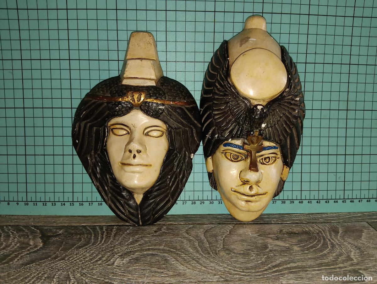 Vintage: Pareja de caras egipcias de pared vintage Fara&oacute;n y Reina Nefertiti Escayola maciza pintada a mano