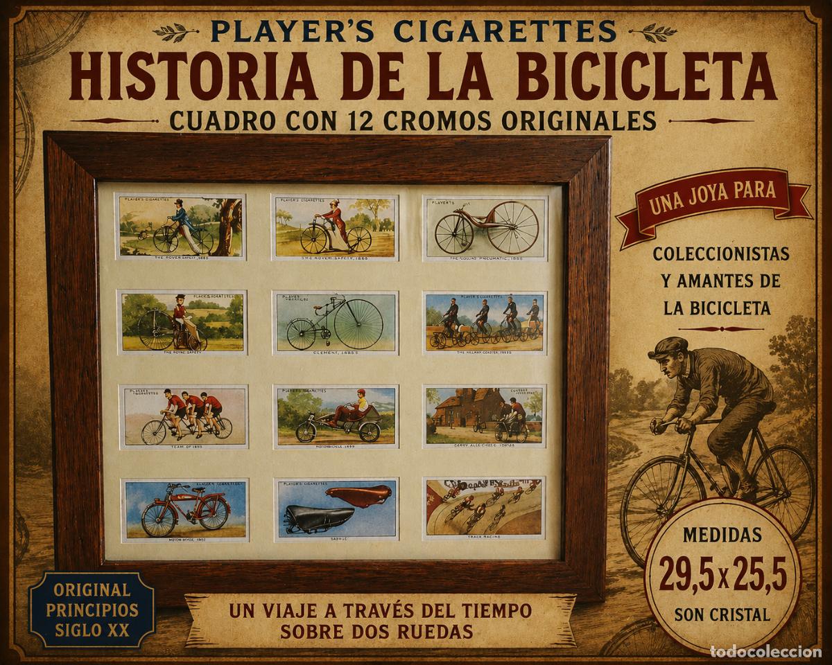 Vintage: HISTORIA DE LA BICICLETA / MONTADO CON CROMOS PLAYER'S CIGARETTES / 29.5X25.5 CM / CON CRISTAL.
