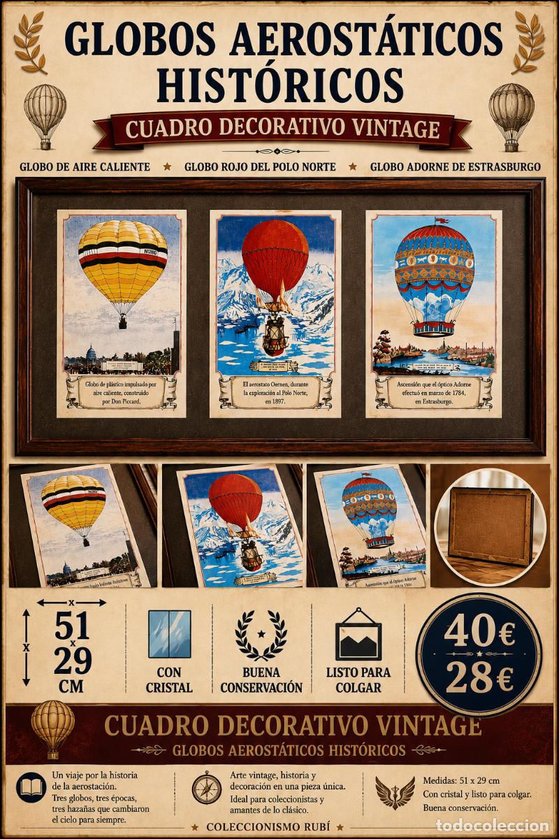 Vintage: CUADRO DECORATIVO VINTAGE | GLOBOS AEROST&Aacute;TICOS HIST&Oacute;RICOS | CRISTAL | 51X29 CM