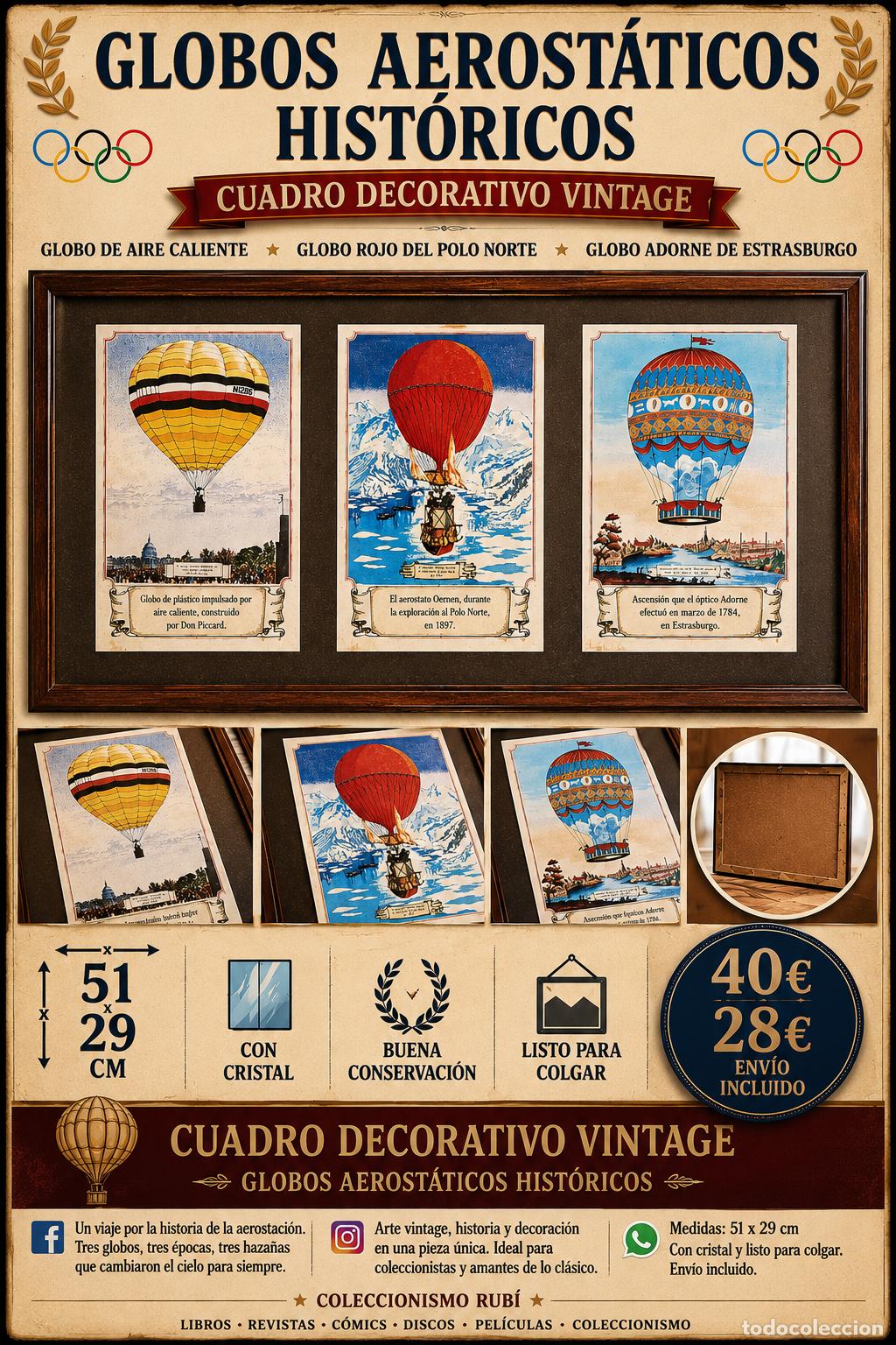 Vintage: CUADRO DECORATIVO VINTAGE | GLOBOS AEROST&Aacute;TICOS HIST&Oacute;RICOS | CRISTAL | 51X29 CM