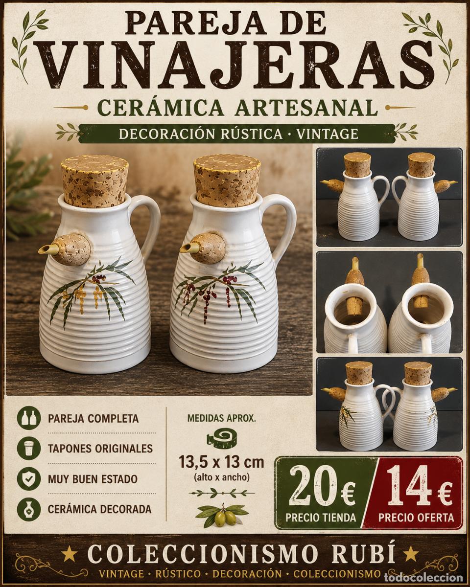 Vintage: PAREJA VINAJERAS CER&Aacute;MICA ARTESANAL | ACEITE Y VINAGRE | R&Uacute;STICO VINTAGE | 13 CM.
