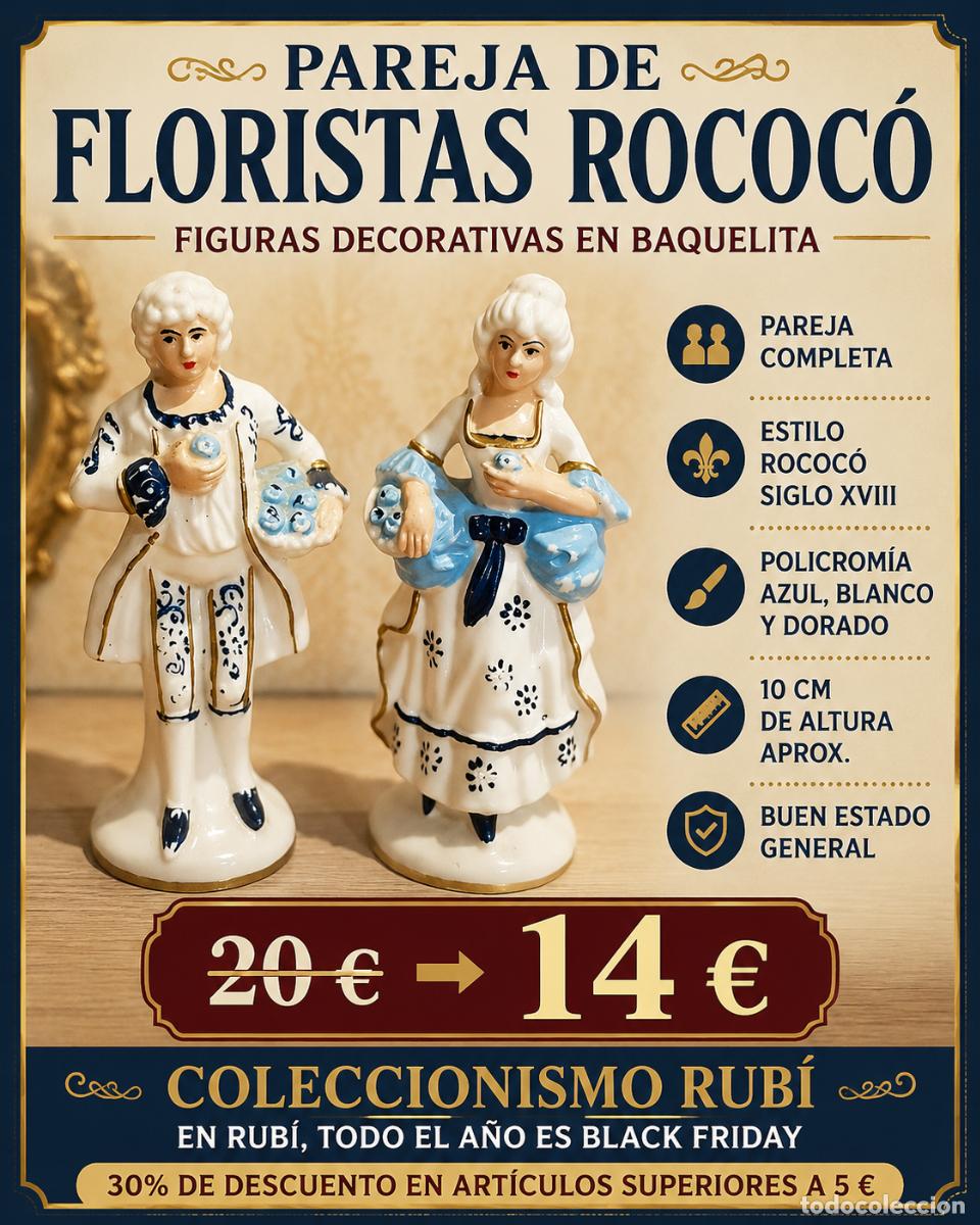 Vintage: PAREJA FIGURAS ROCOC&Oacute; EN BAQUELITA | FLORISTAS GALANTES | 10 CM | VINTAGE