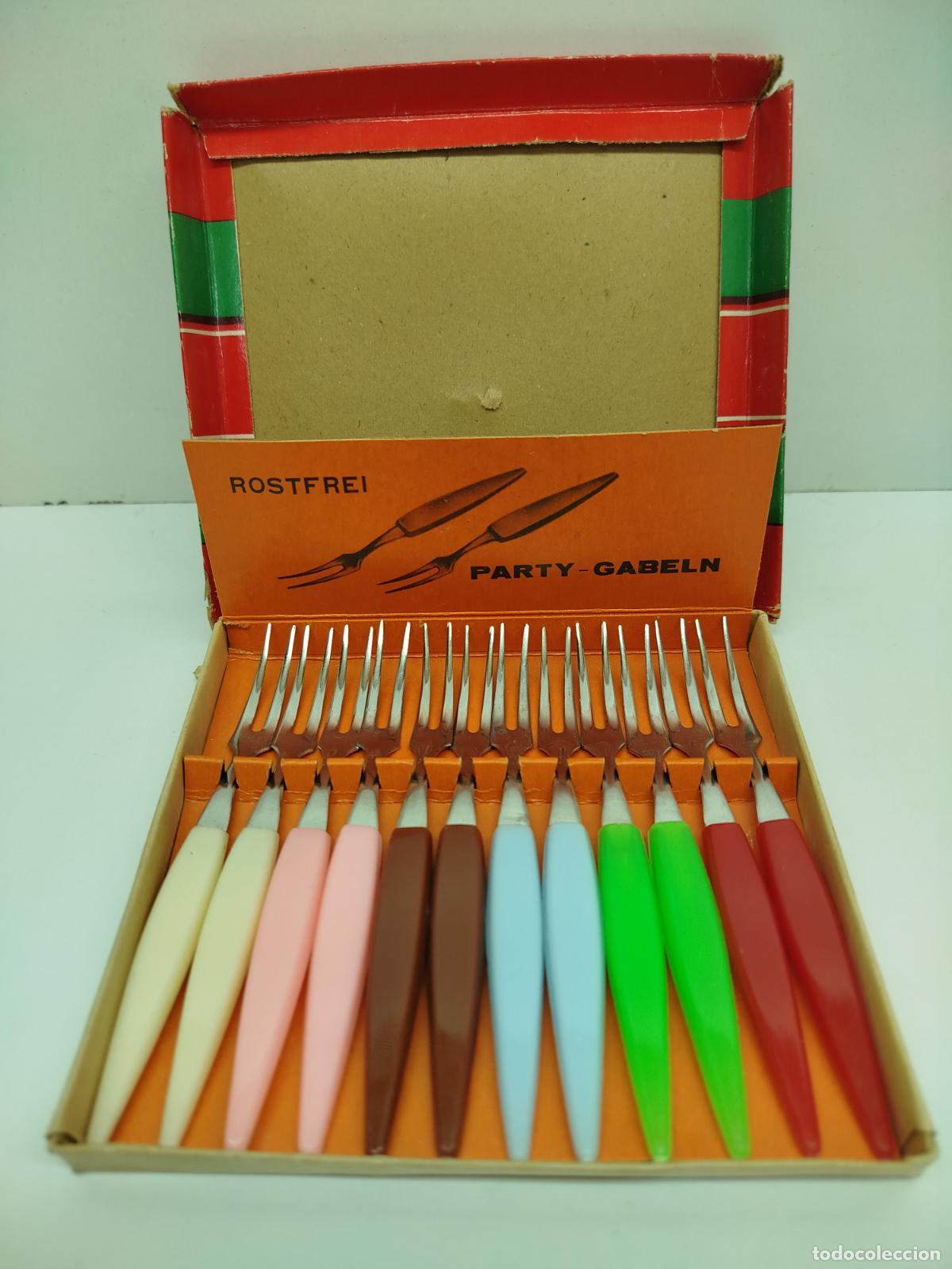 Vintage: JUEGO VINTAGE DE 12 MINI TENEDORES APERITIVO - PARTY GALBELN - ANOS 60/70 - ROSTFREI (INOXIDABLE)