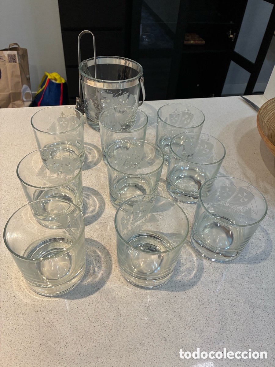 Vintage: JUEGO CUBITERA Y 9 VASOS WHISKY CRISTAL