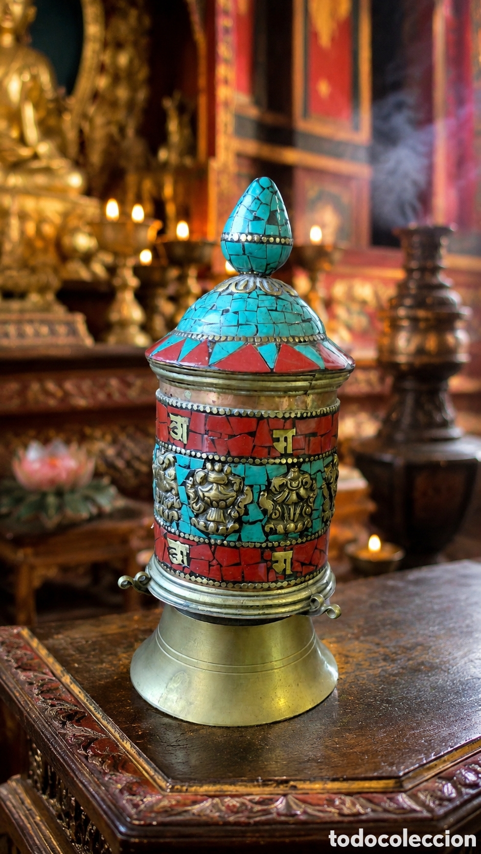 Vintage: Rueda de oraci&oacute;n tibetana de lat&oacute;n 15 cm