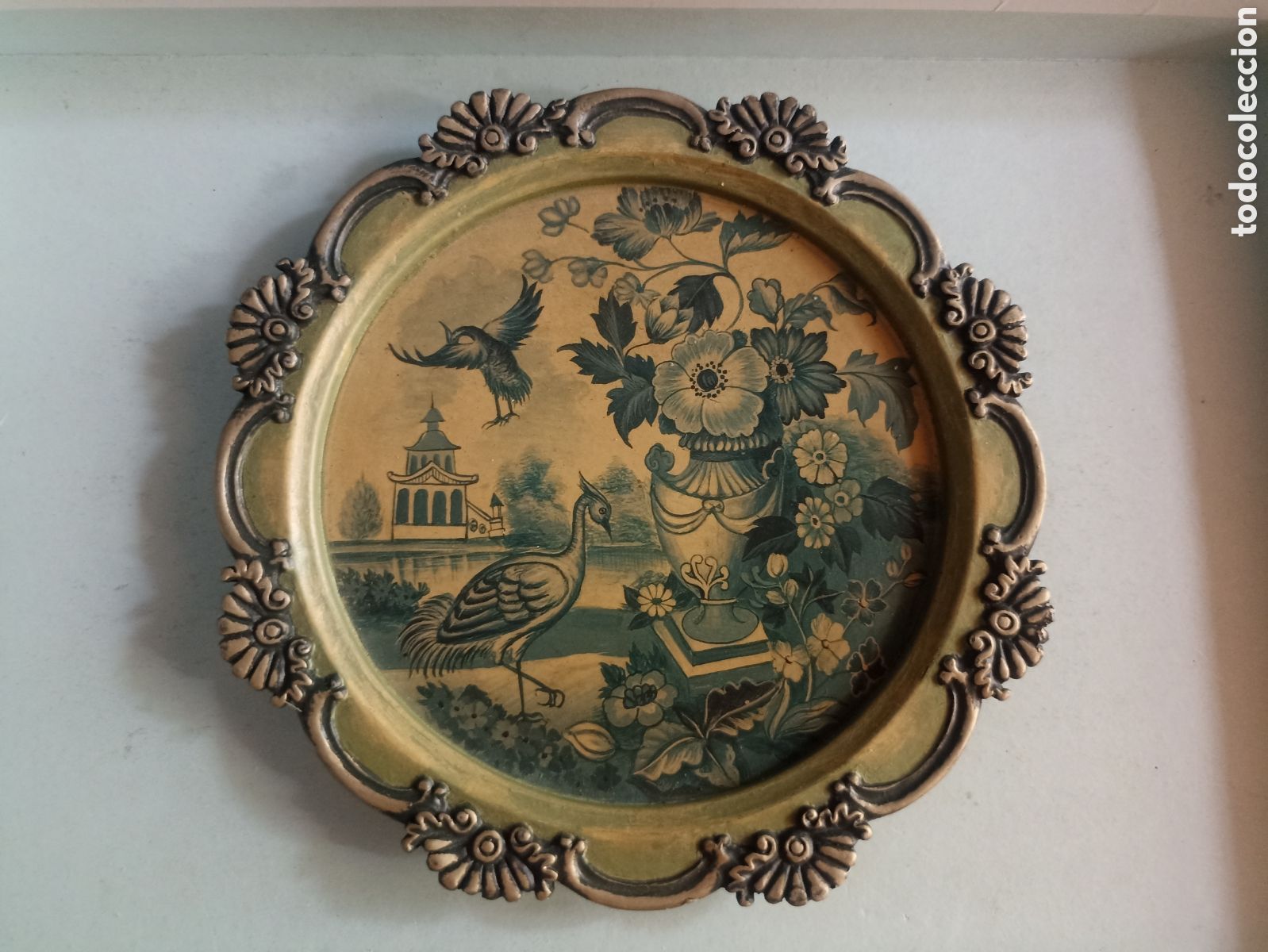 Vintage: Peque&ntilde;o plato decorativo con flores y aves 15 cms di&aacute;metro