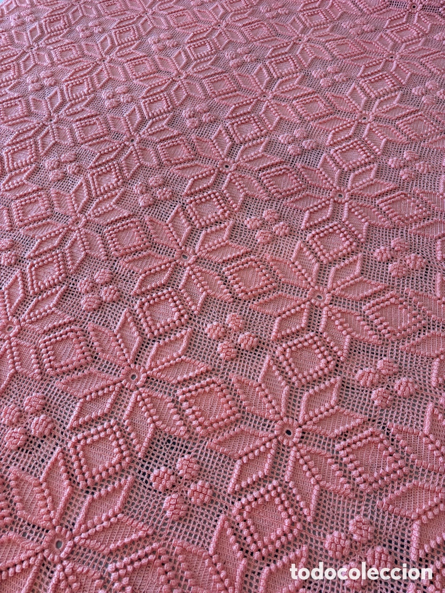 Vintage: Colcha o cubrecama de croch&eacute; ( ganchillo) color rosa salm&oacute;n para cama de
