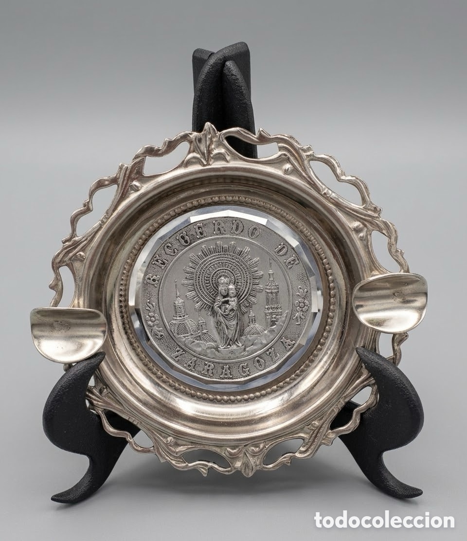 Vintage: (L878) Cenicero metal plateado calado Recuerdo Zaragoza Virgen Pilar