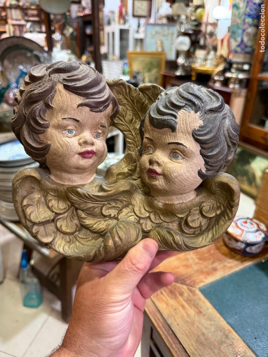 Vintage: PAREJA CABEZAS DE QUERUBINES IMITANDO MADERA - MEDIDA 22X17 CM - RELIGIOSO