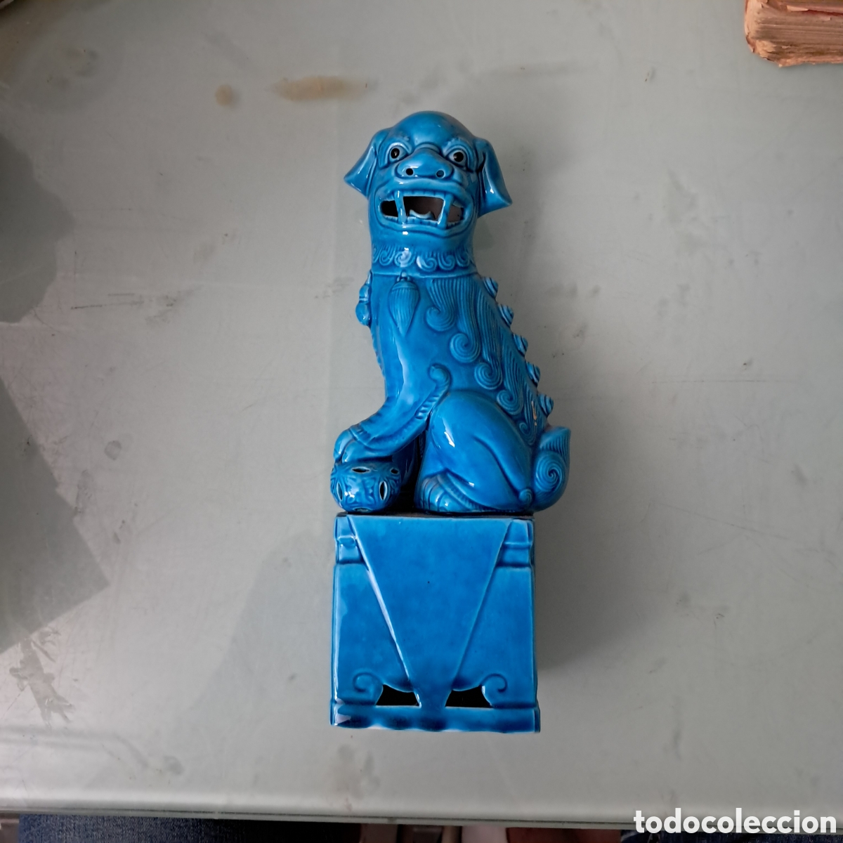 Vintage: Perro Foo o le&oacute;n Guardi&aacute;n chino en azul vidriado