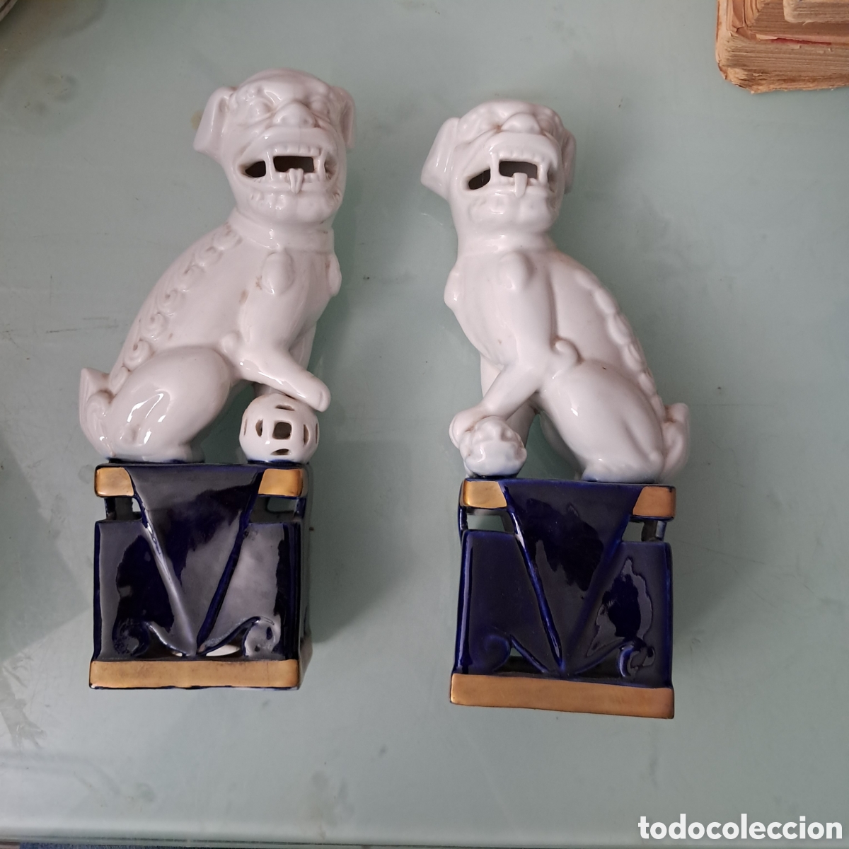 Vintage: Pareja de perro Foo o le&oacute;n Guardi&aacute;n chino vidriados