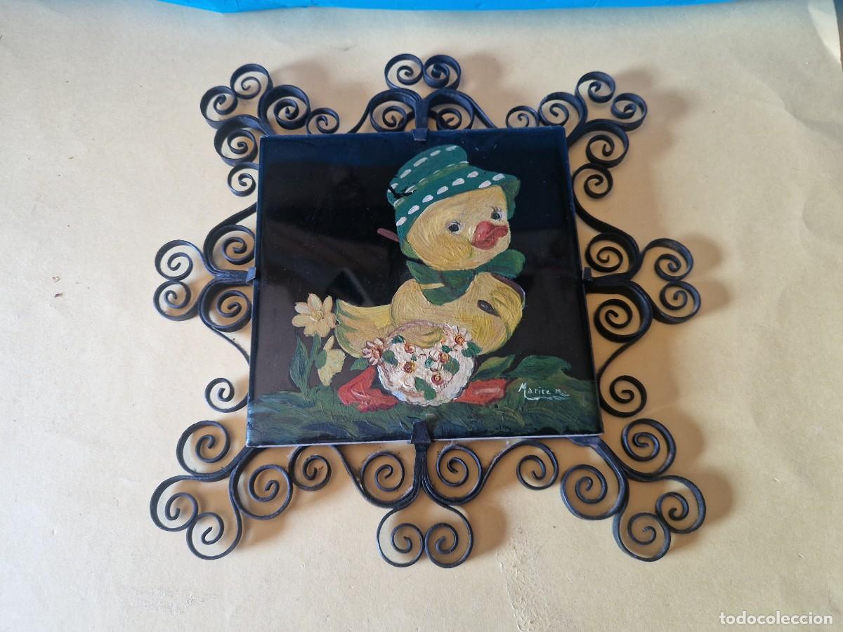 Vintage: pintura en azulejo en marco metalico