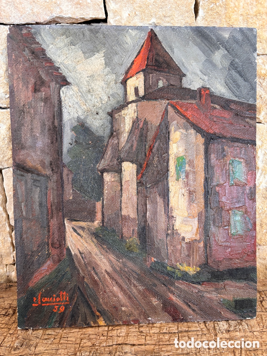 Vintage: &Oacute;LEO SOBRE TABLA VINTAGE - PAISAJE DE PUEBLO E IGLESIA - FIRMADO Y FECHADO 1959 - GRAN TEXTURA