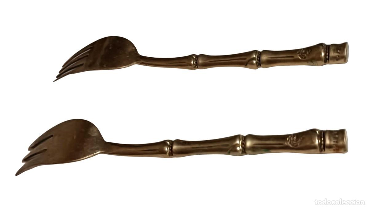 Vintage: LOTE DE 2 TENEDORES ANTIGUOS DE BRONCE TAILAND&Eacute;S - MANGO BAMB&Uacute; - SELLO &rdquo;THAILAND&rdquo; - A&Ntilde;OS 70