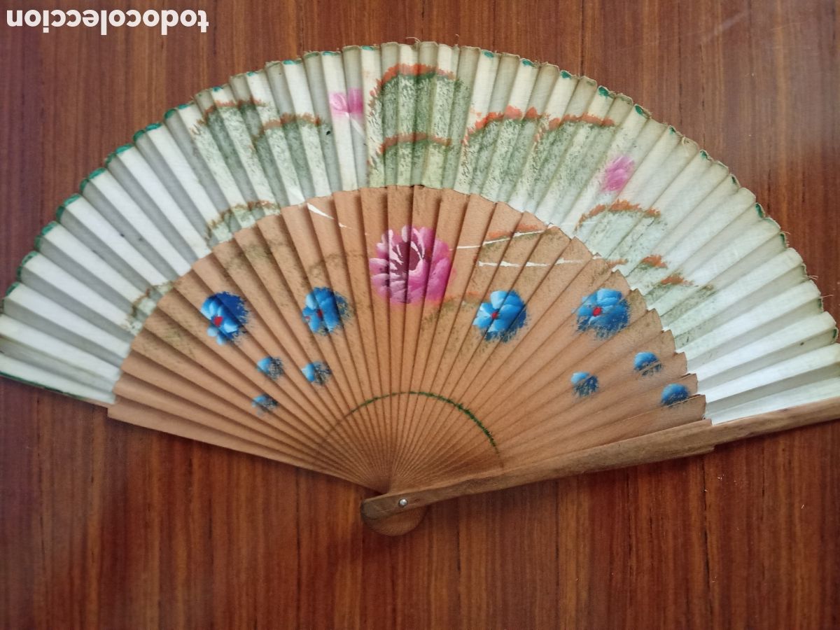 Vintage: Abanico para colecci&oacute;n,pintado a mano,varillas madera