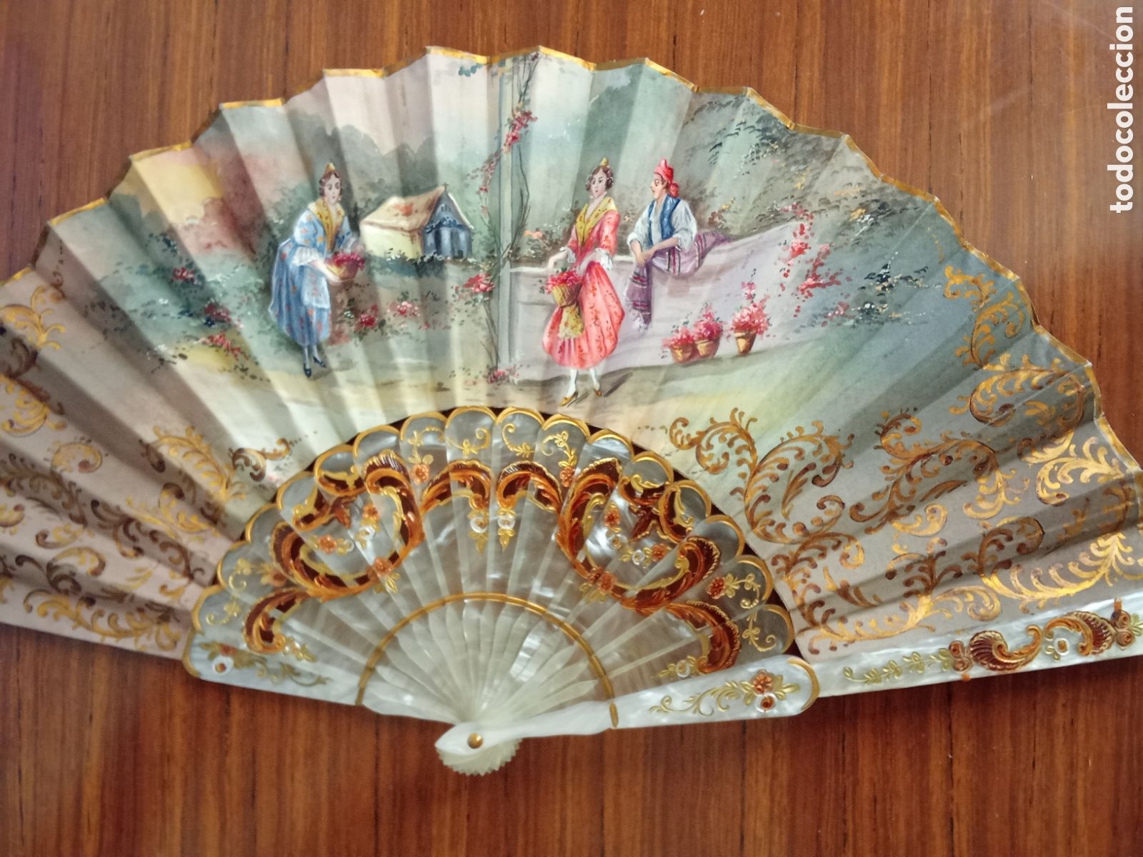 Vintage: Abanico para colecci&oacute;n de varillas s&iacute;mil en n&aacute;car pintado a mano doble cara JMJ