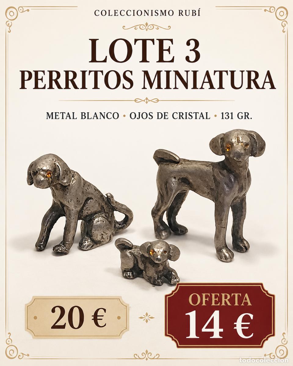Vintage: LOTE 3 PERRITOS MINIATURA DE METAL BLANCO CON OJOS DE CRISTAL | ANTIGUOS 131 GR.