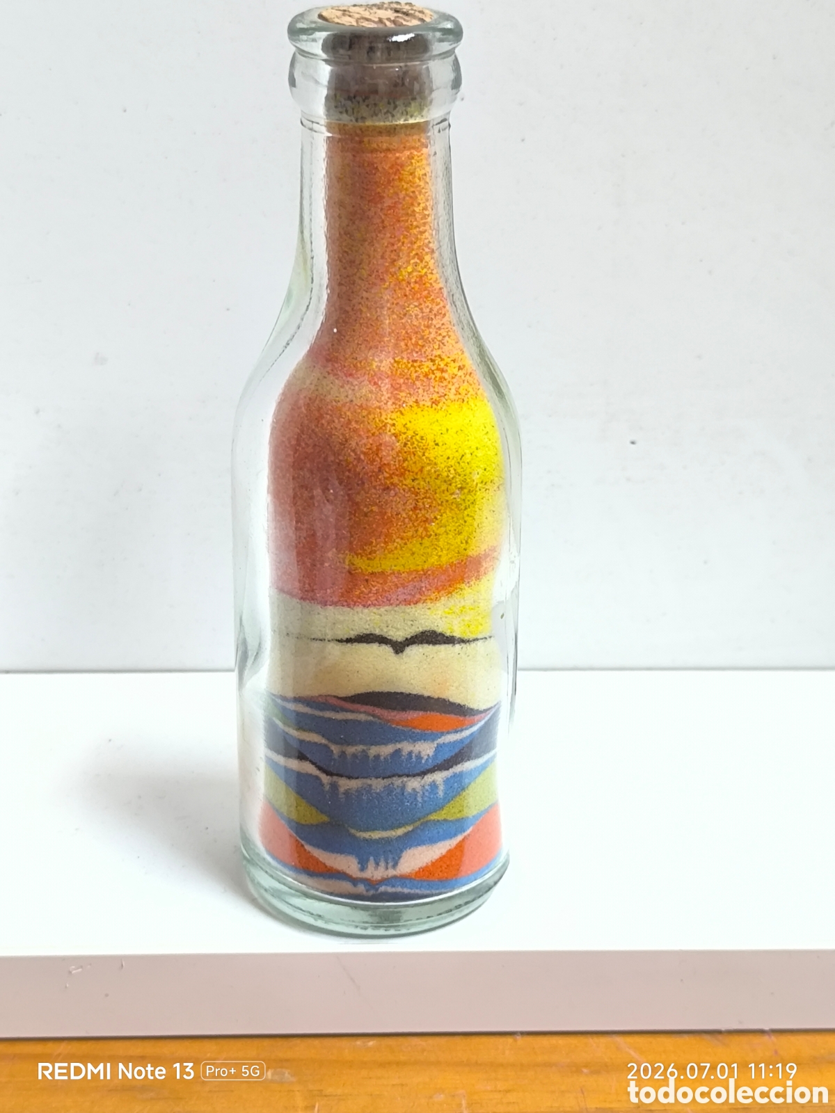Vintage: Botella arena colores paisaje precioso 13 cm