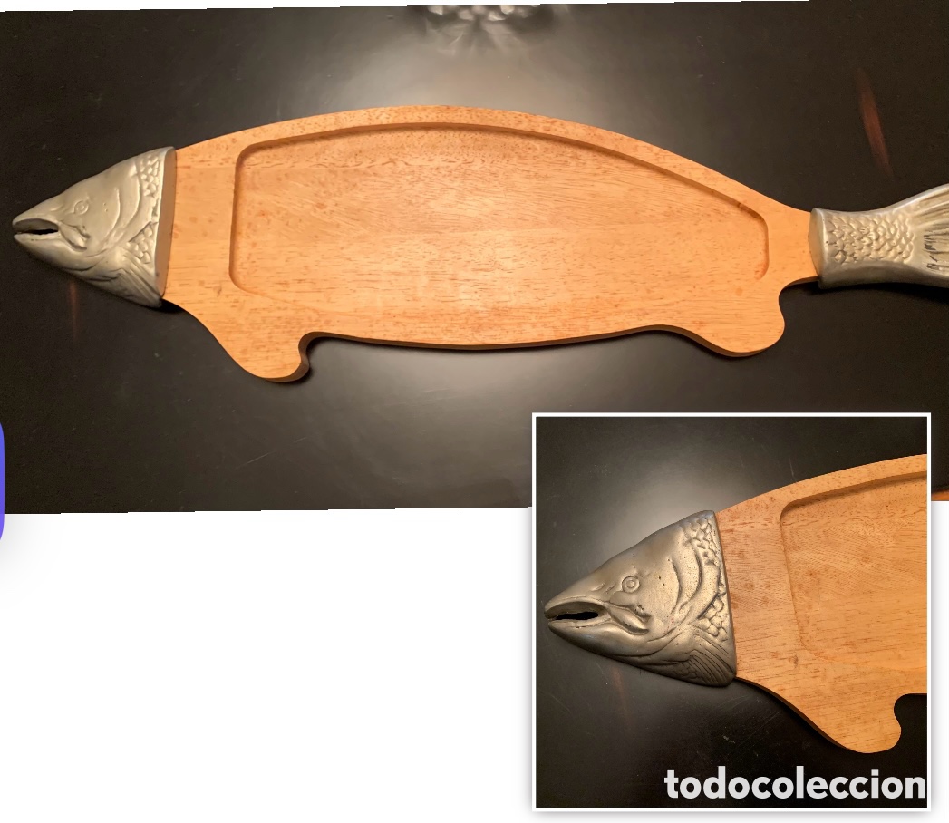 Vintage: Bandeja de servir de madera Rubberwood y metal &ndash; Dise&ntilde;o pez &ndash; 75 &times; 20 cm