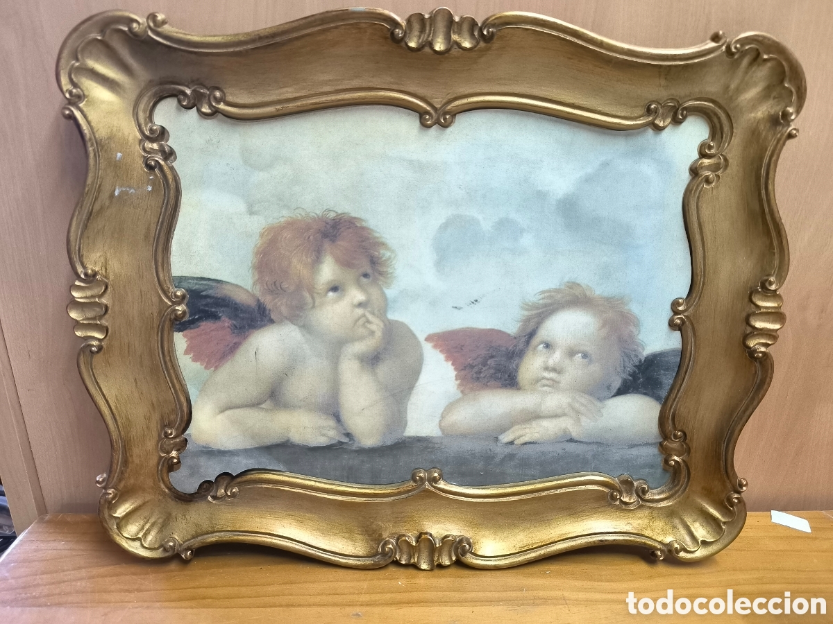 Vintage: Bandeja italiana madera lamina pegada &aacute;ngeles a&ntilde;os 60