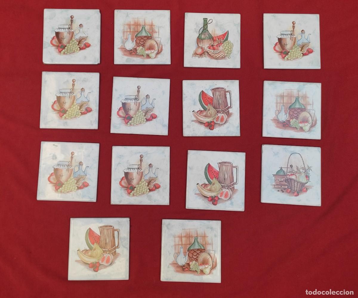 Vintage: 14 azulejos con motivo para cocina - fondo blanco - Alcora - 10,8x10,8cm - vintage