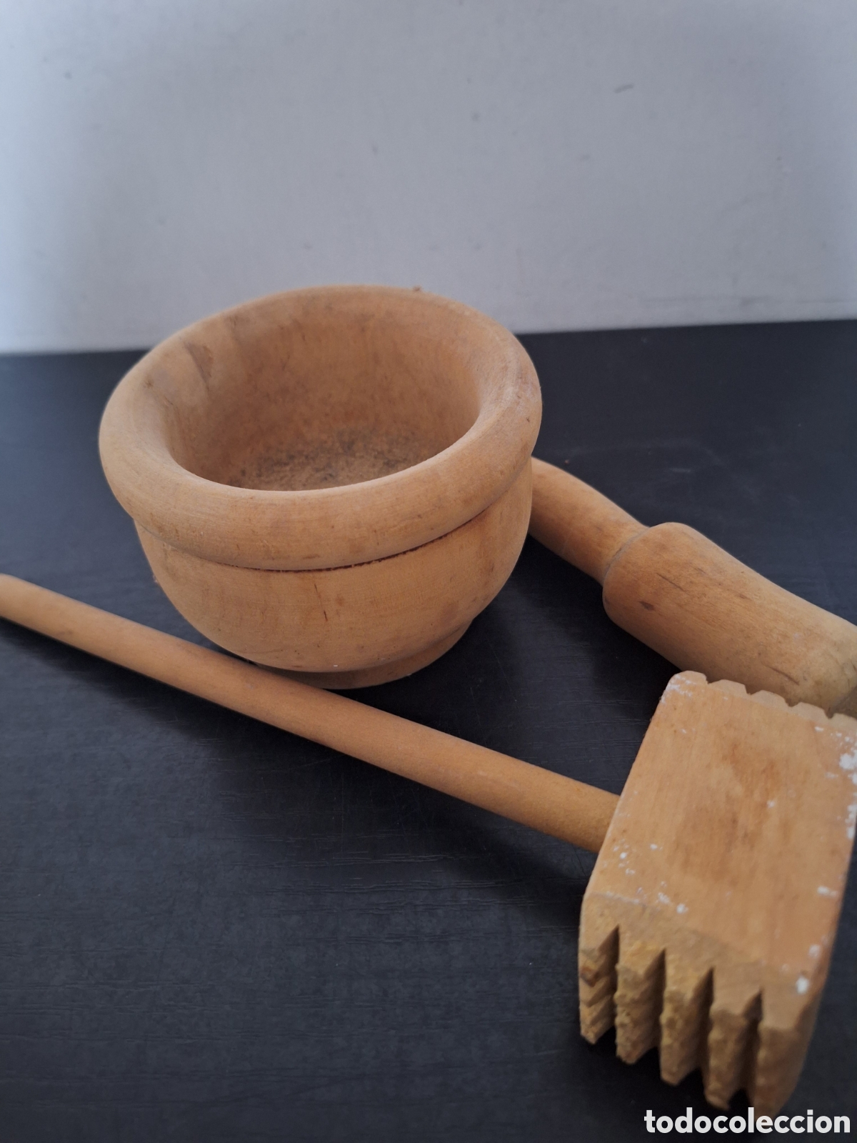 Vintage: Lote de mortero de madera y picador de hielo o carne