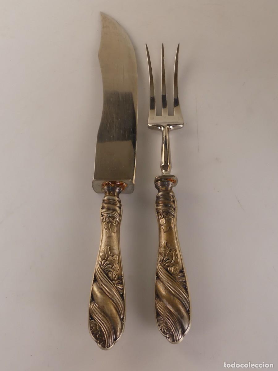 Vintage: TENEDOR Y CUCHILLO PARA SERVIR MANGOS DE PLATA 800 BONITO DISE&Ntilde;O