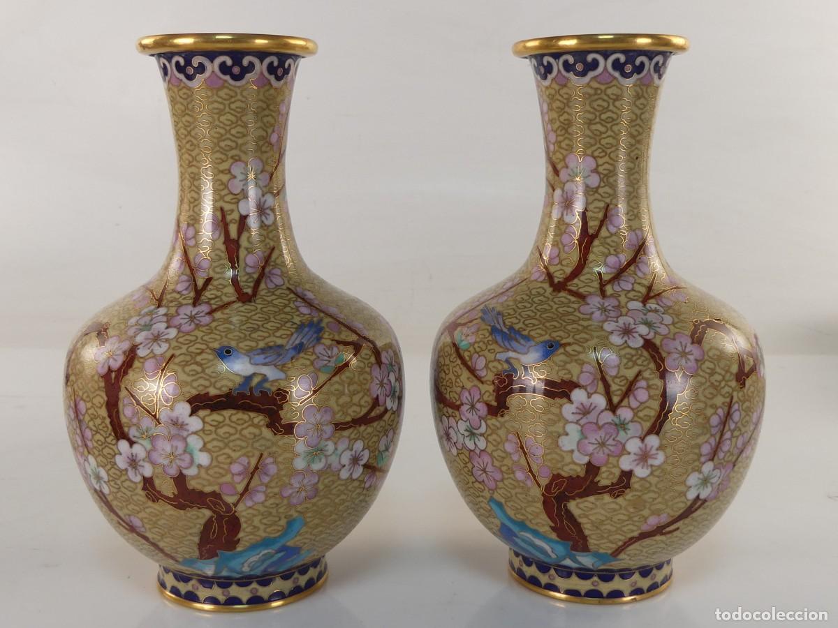 Vintage: JARRONES FLOREROS DE BRONCE Y ESMALTES CLOISONNE MAGNIFICOS COLORES