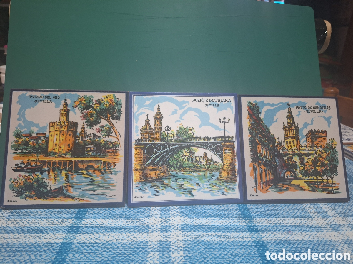 Vintage: Tres,azulejos 15X12 cm.Vistas de Sevilla.