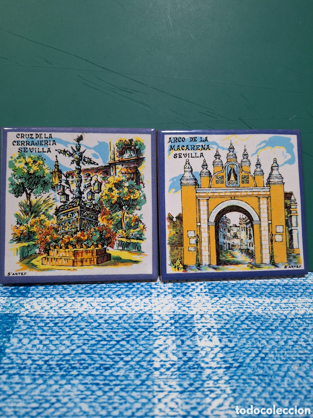 Vintage: Dos azulejos 10X10 cm.Vistas de Sevilla.