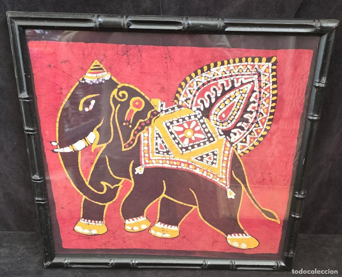 Vintage: Cuadro Batik Vintage Elefante Hind&uacute; Pintado a Mano con Marco Bamb&uacute; Negro &ndash; 49 &times; 51 cm