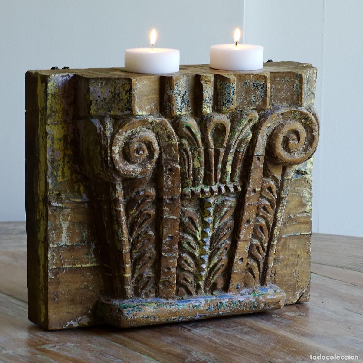Vintage: Pieza labrada de madera adaptada para candelabro. - Foto 2