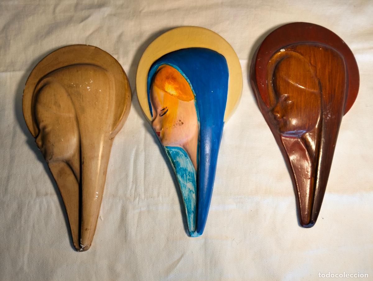 Vintage: Lote 3 figuras decorativas de yeso pintada de la Virgen Mar&iacute;a de perfil a&ntilde;os 70-80