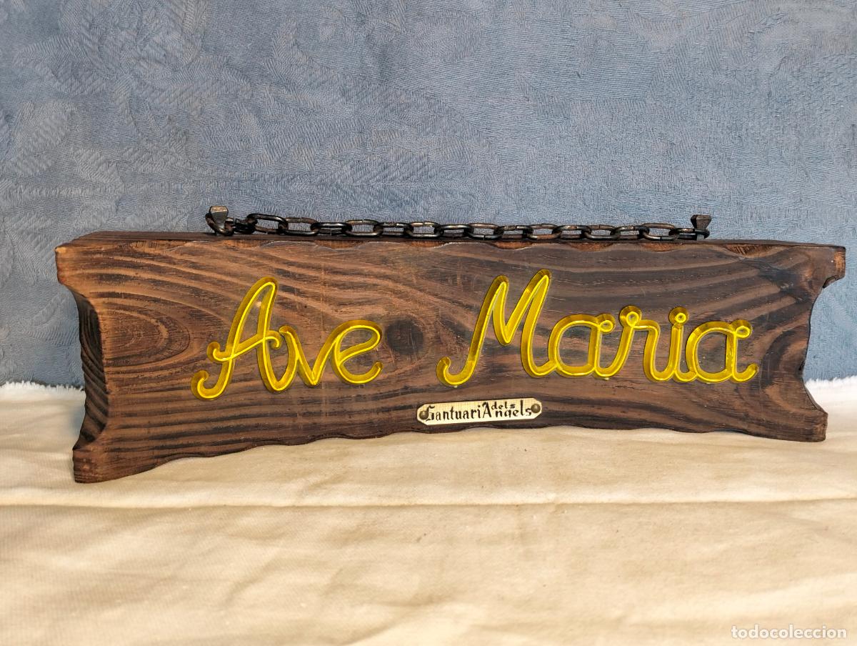 Vintage: Ave Maria santuari dels angels cartel en madera tallada con cadenita para colgar en la pared vintage