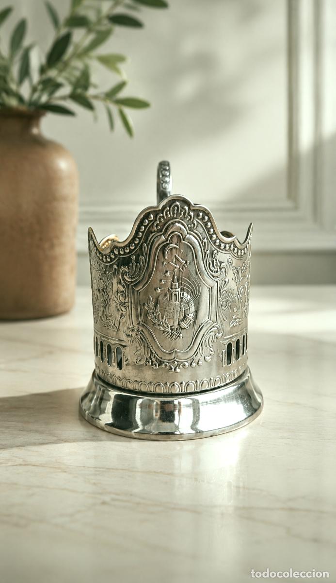 Vintage: Vintage Old Russian Soviet USSR Silver pl. &rdquo;Space&rdquo; x2 Tea Glass Holder Podstakannik