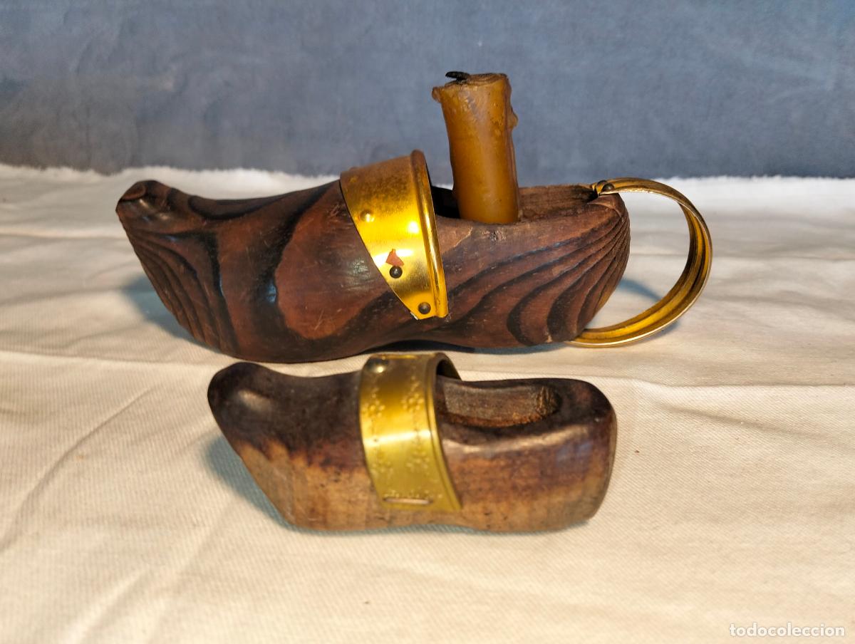 Vintage: 2 zapatos decorativos zapatitos de madera vintage mini zuecos porta-velas con asa a&ntilde;os 60