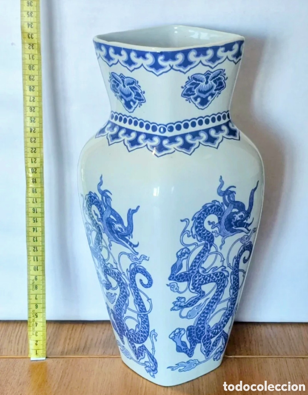 Vintage: JARRON CHINO DRAGON AZUL BLANCO
