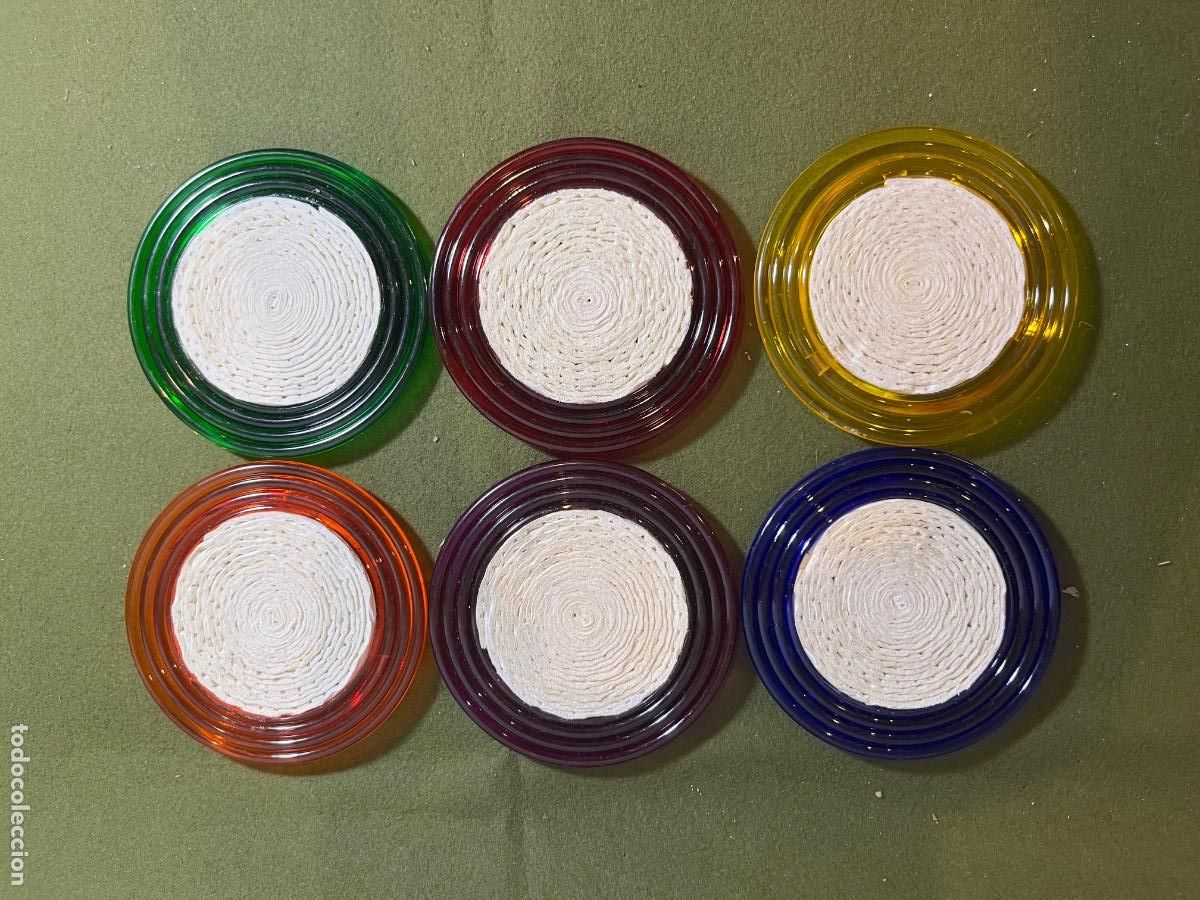 Vintage: Lote 6 posavasos vintage colores pop a&ntilde;os 70 &ndash; Pl&aacute;stico y cord&oacute;n absorbente estilo italiano