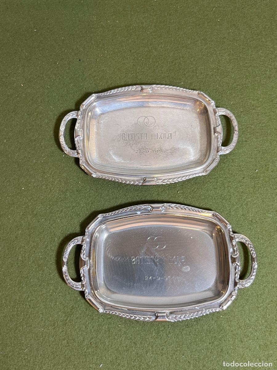 Vintage: Pareja de Bandejas Mini Plateadas Recuerdo de Boda 1991 Alpaca Metal Plateado Vintage