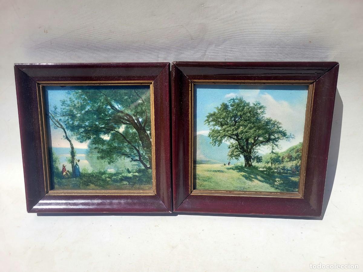 Vintage: Dos peque&ntilde;os cuadros decorativos, 17x17 cm, con marcos de madera.