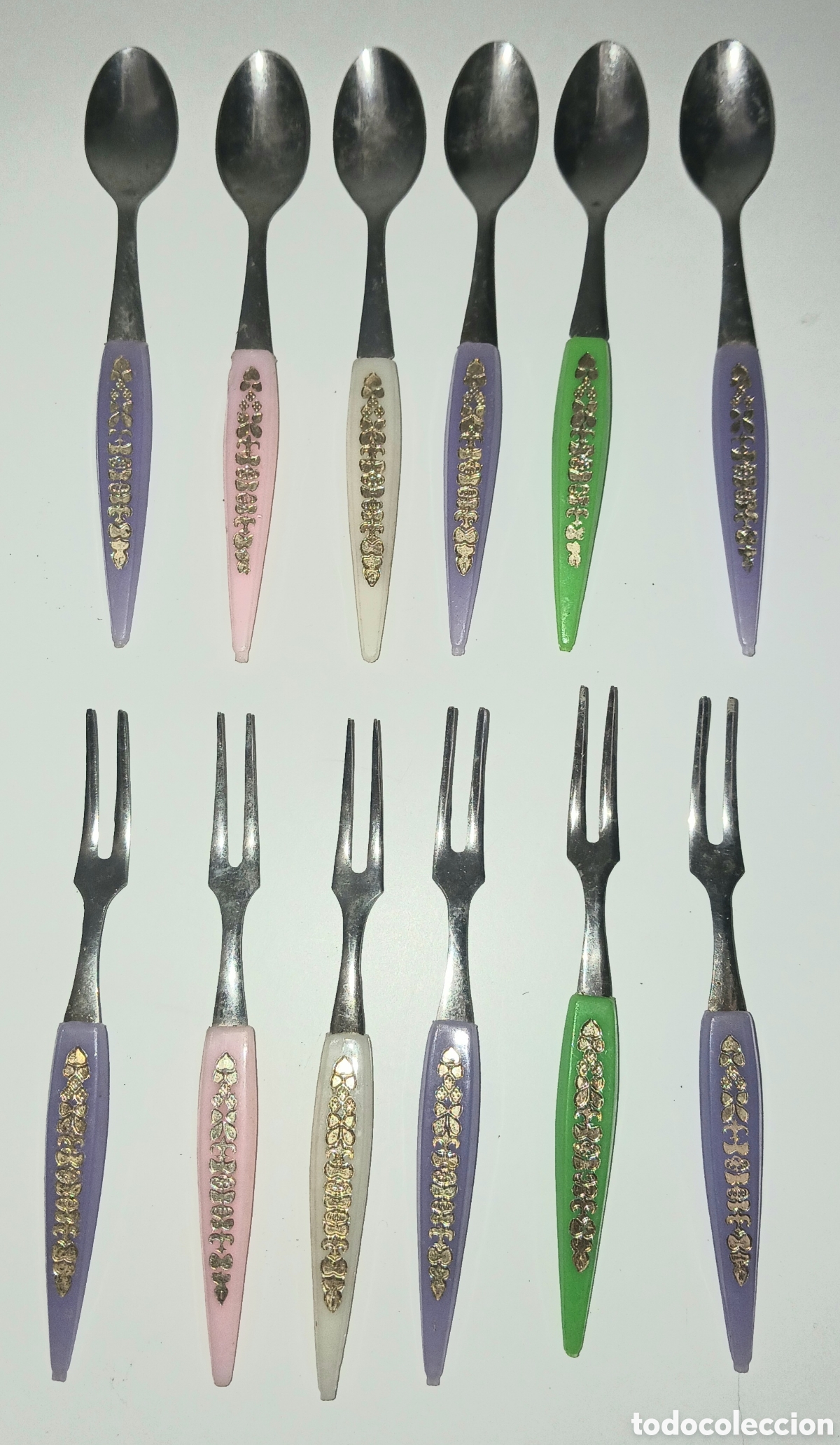 Vintage: Juego de 12 cubiertos para aperitivo vintage a&ntilde;os 60-70 - 6 Cucharitas y 6 tenedores c&oacute;ctel