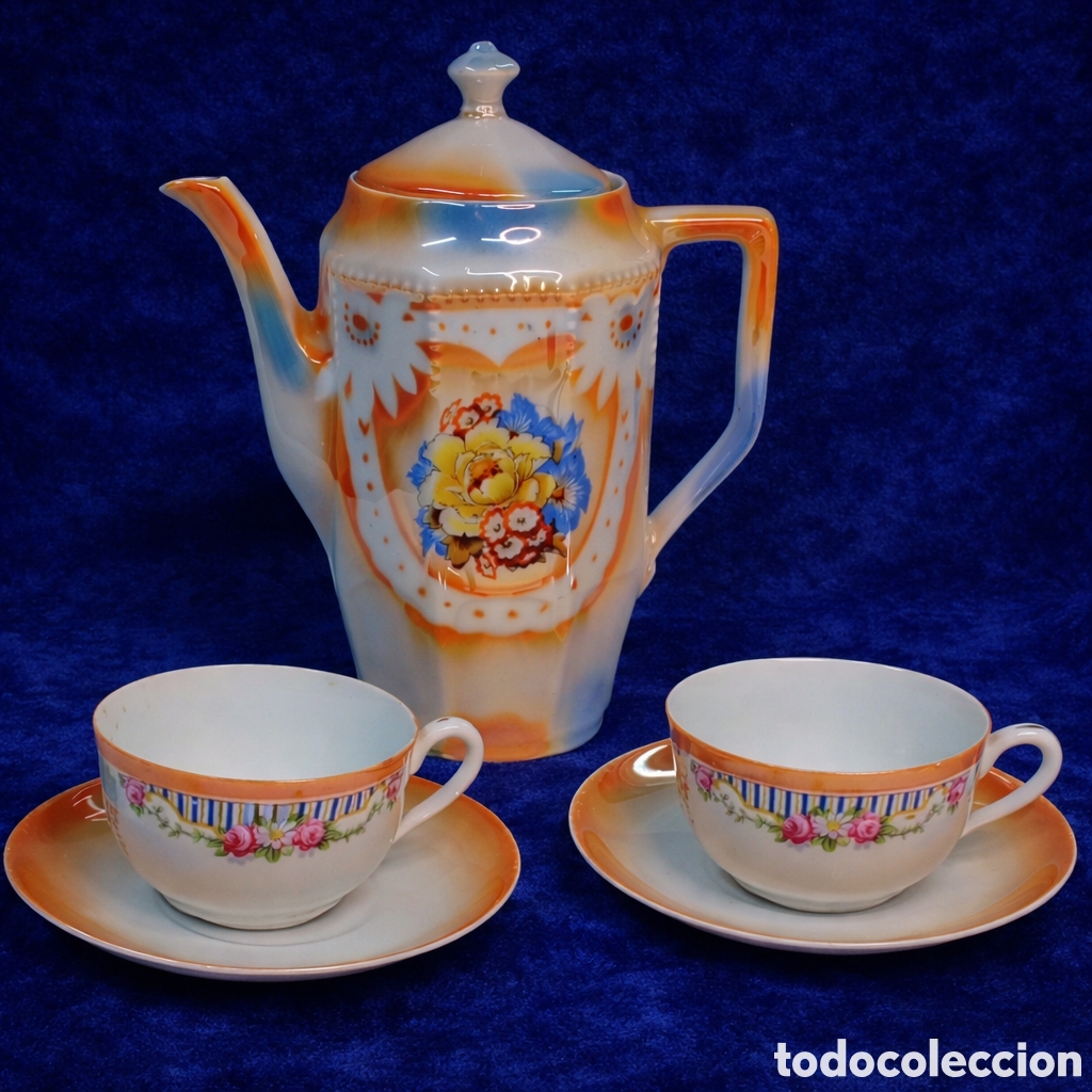 Vintage: Tetera y dos tazas de los a&ntilde;os 40-50