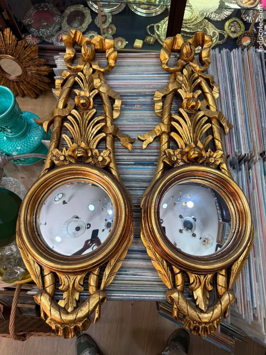 Vintage: PAREJA DE ESPEJOS CORNUCOPIAS EN MADERA Y DORADO - MEDIDA 72X24 CM